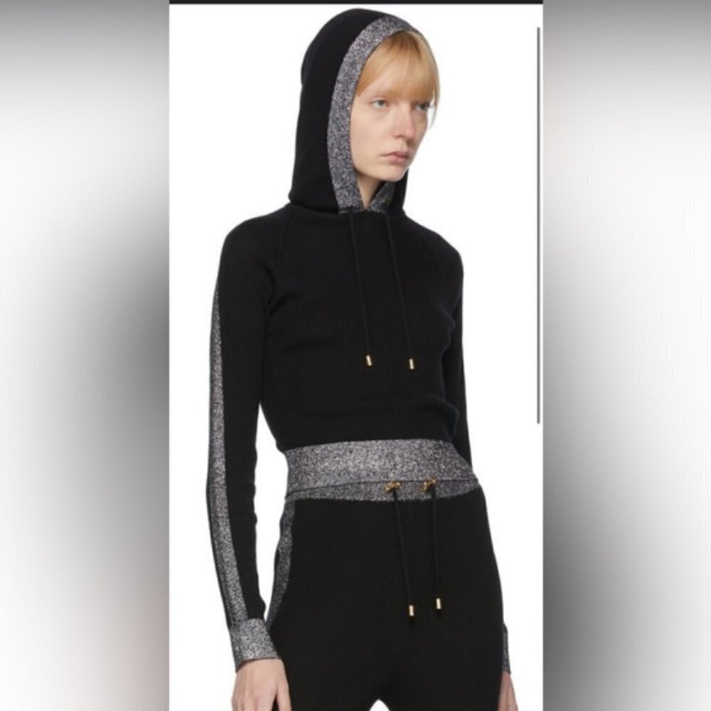 BALMAIN Lurex Striped Cropped Knit Hoodie Sz 40